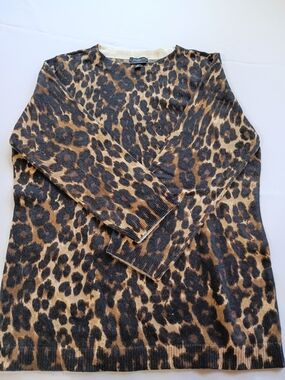Talbots Cream and Brown Leopard Cashmere Crewneck